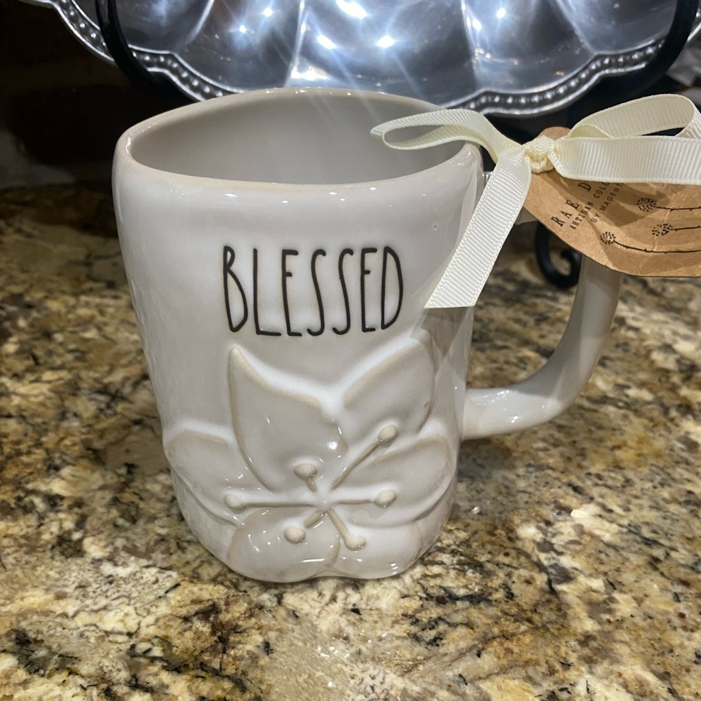 Rae Dunn  “BLESSED” mug with 3d flower  19.5 oz - brand new - Hard to find